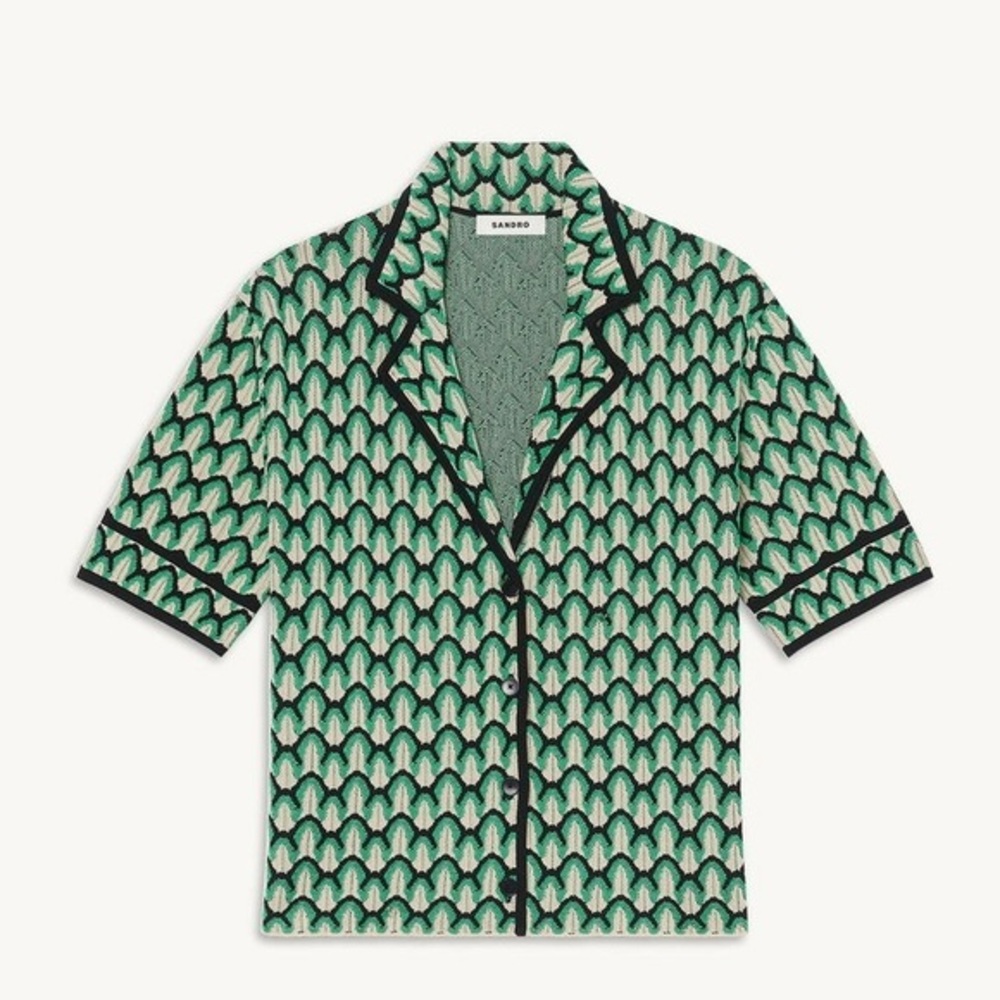 SANDRO Othis Printed Short Sleeved Cardigan Beige Green Black Size 2 US Medium